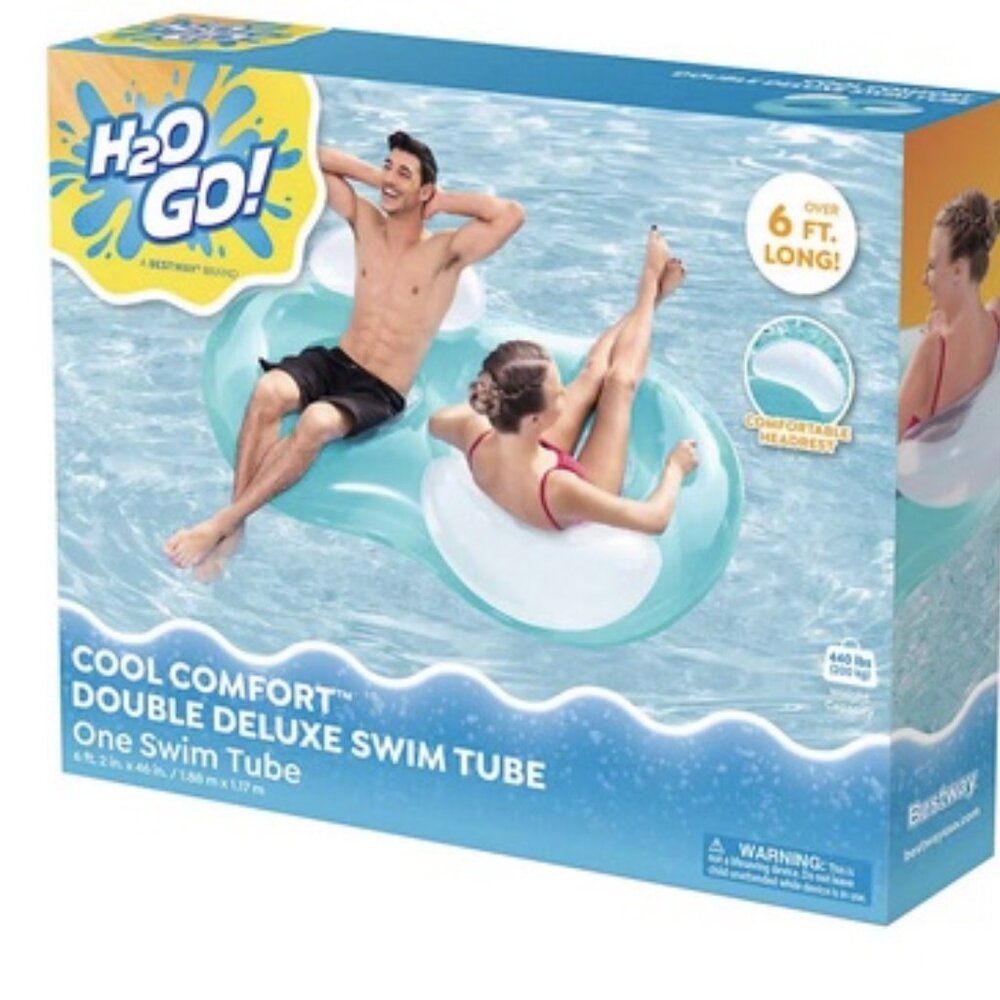 H2O Go! Double Ring Lounge Float, Double Deluxe Swim Tube 6' Long w/ Headrest
